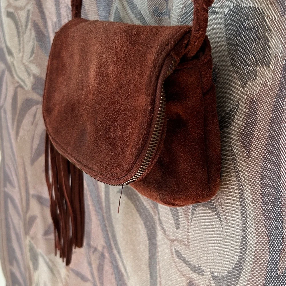 Genuine Suede Leather Crossbody Suede Tassel Bag Brown 2 Zip Festival Bag - Picture 2 of 16